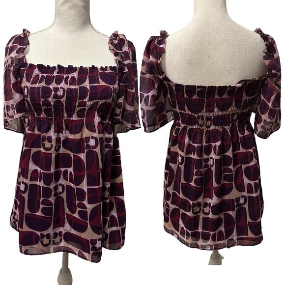Gianni Bini Women’s 10 Purple Geo Print Smocked Square Neck Peasant Top Boho - Picture 1 of 7
